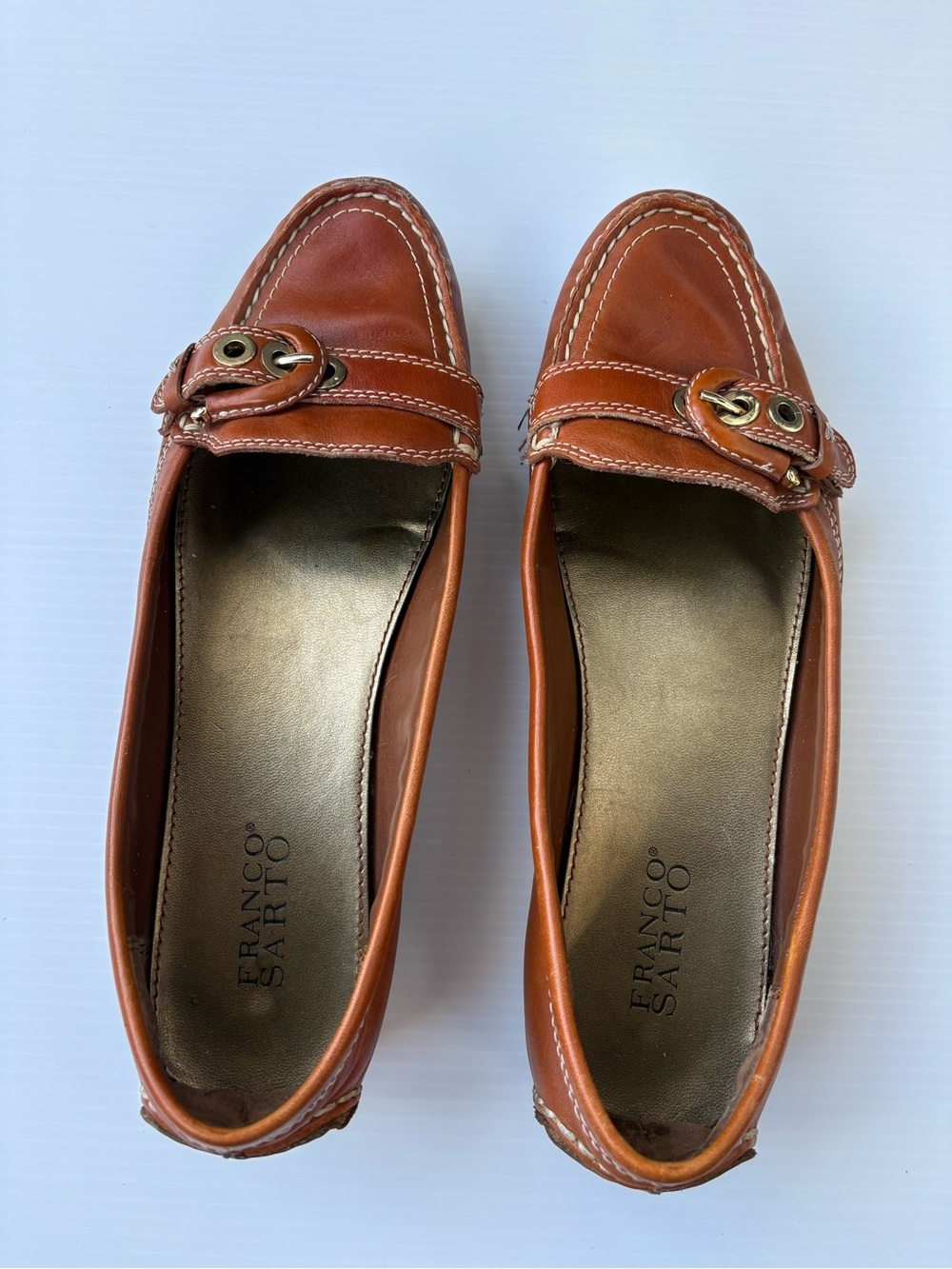 Franco Sarto Cognac Leather Slip-On Loafers with Buckle Detail
